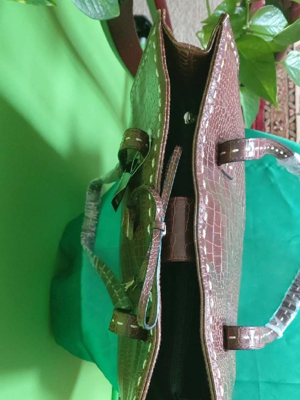 Totes Brown Faux Crocodile Leather -Embossed Glossy Tote with Tassel, NWT